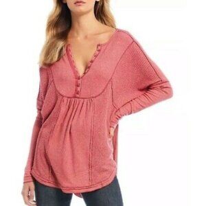 Free People Leo Coral Heathered Waffle Thermal Knit Top Oversized L